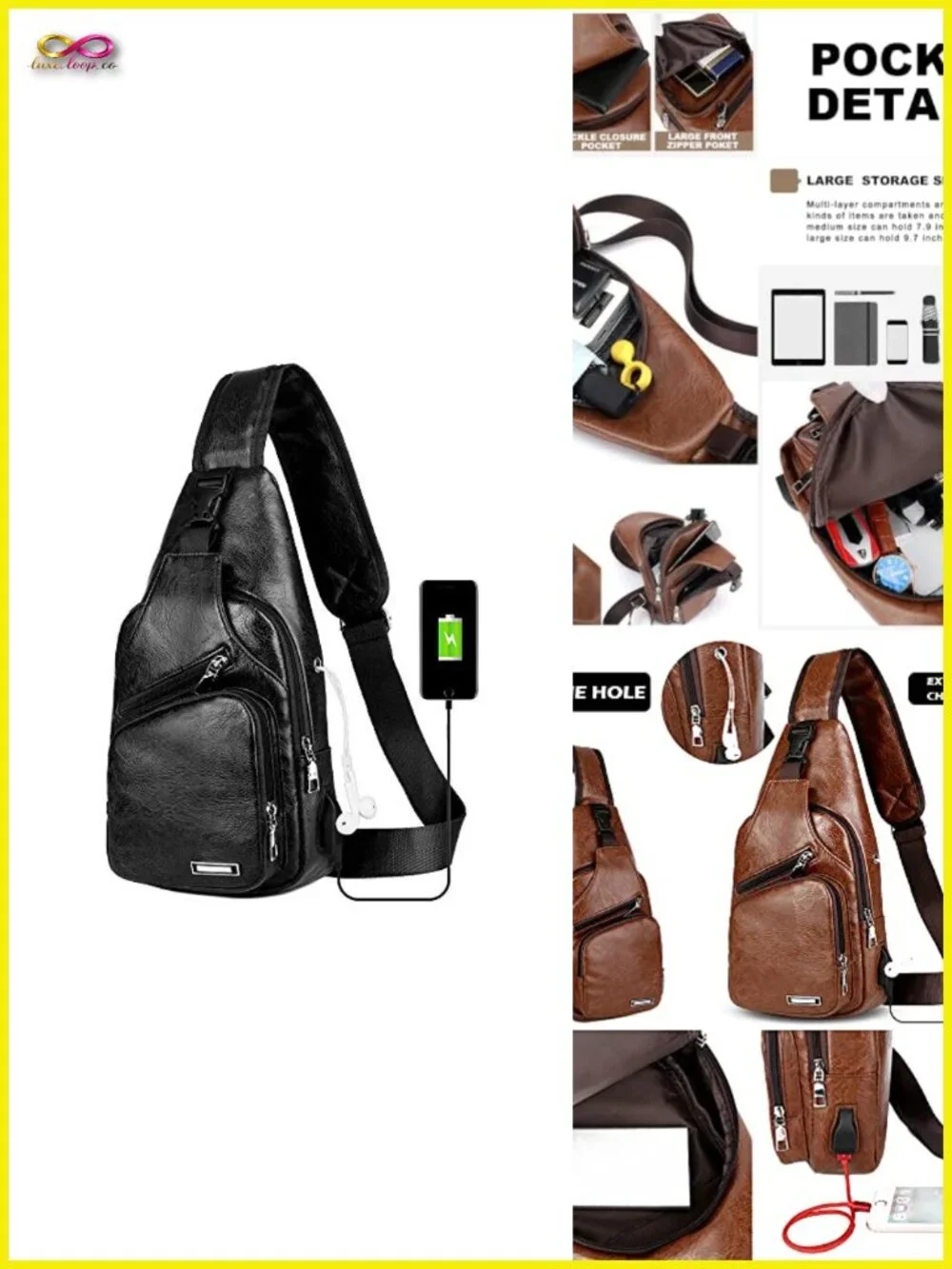 PU Leather Sling Bag Crossbody Backpack with USB Charging Port
